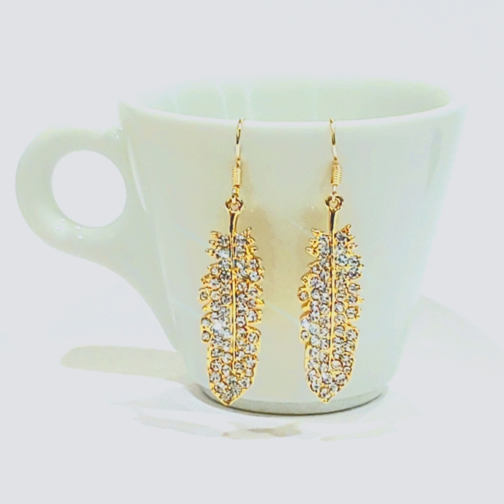 Gold Feather With Czech Crystal Dangling Earrings
